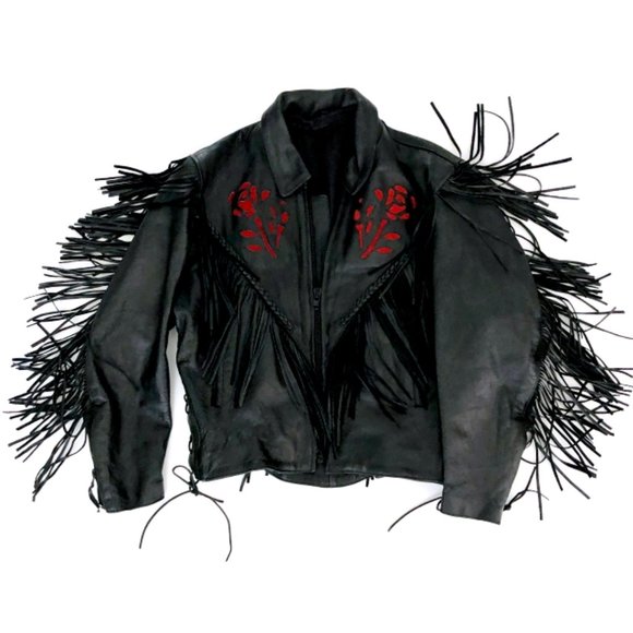 Vintage Jackets & Blazers - VINTAGE Womens' Leather Biker Fringe Roses Jacket